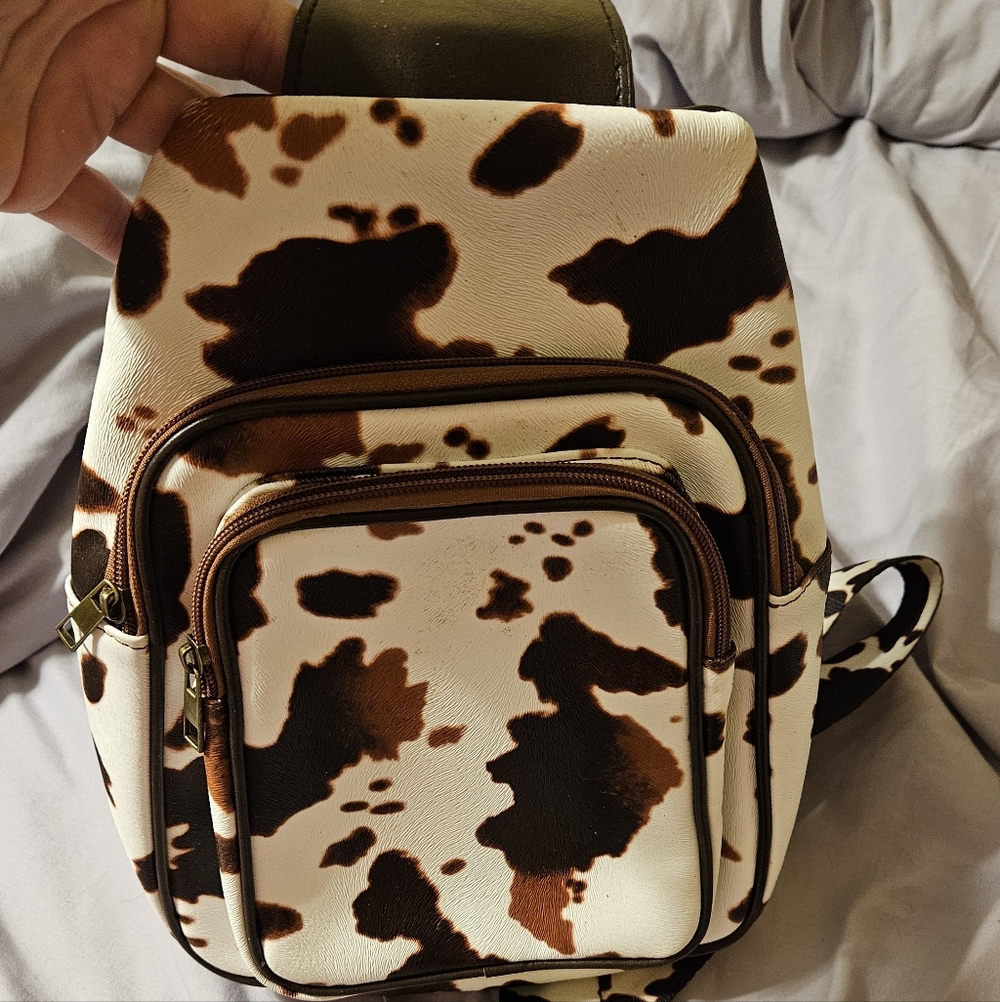 Cow Print Brown & White Womens Sling Backpack